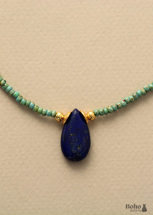 Boho Necklace, Seed Beads, Amazonite and Lapis